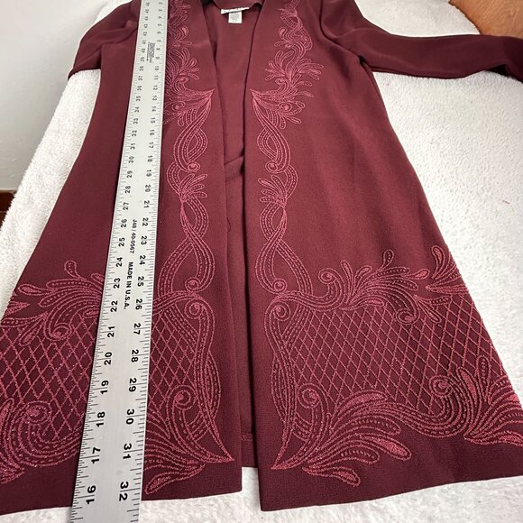 Clara Womens Embroidered Open Front Duster Cardigan Sweater Medium Burgundy New - Picture 7 of 7